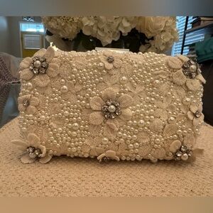 Olga Berg Cream Floral Pearl & Crystal Embellished Clutch